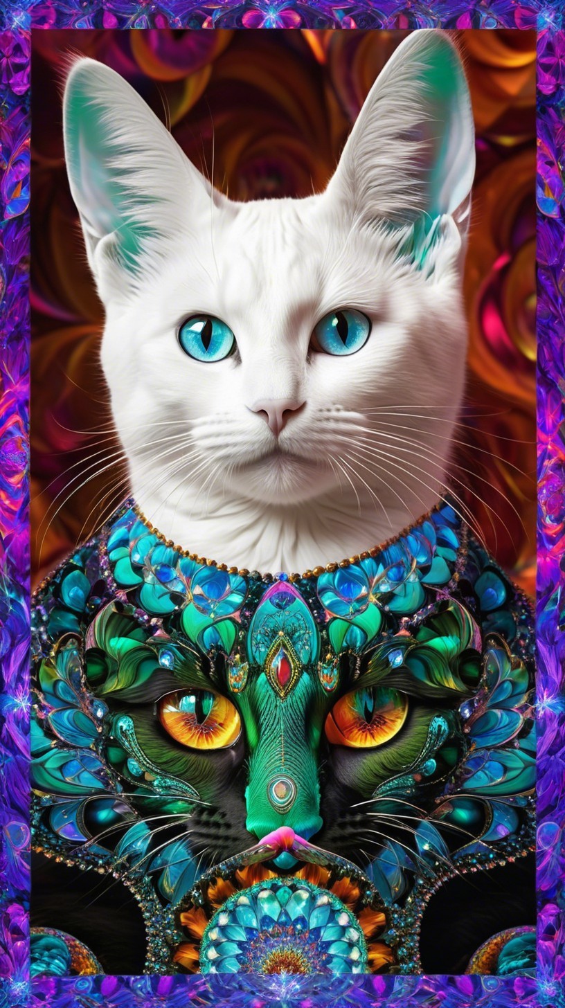 Fantasy Portrait of a White Cat with Turquoise Eyes