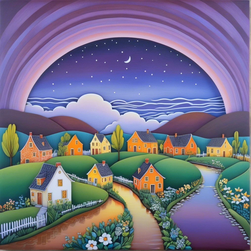 Vibrant Landscape with Cozy Houses and Rainbow Sky