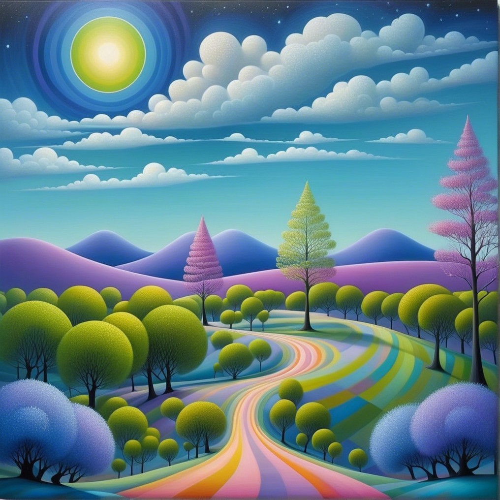 Surreal Landscape with Colorful Trees and Mountains