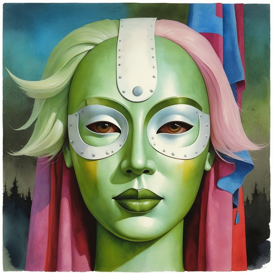 Portrait of a character with green skin and silver mask