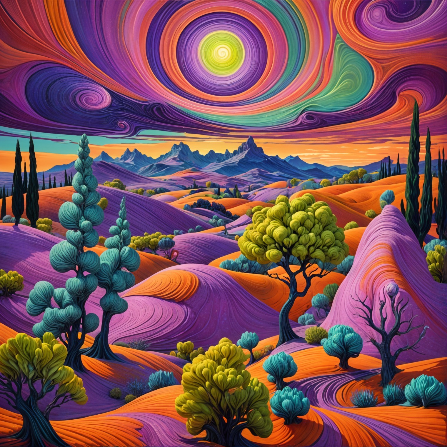 Vibrant Landscape with Colorful Swirling Patterns