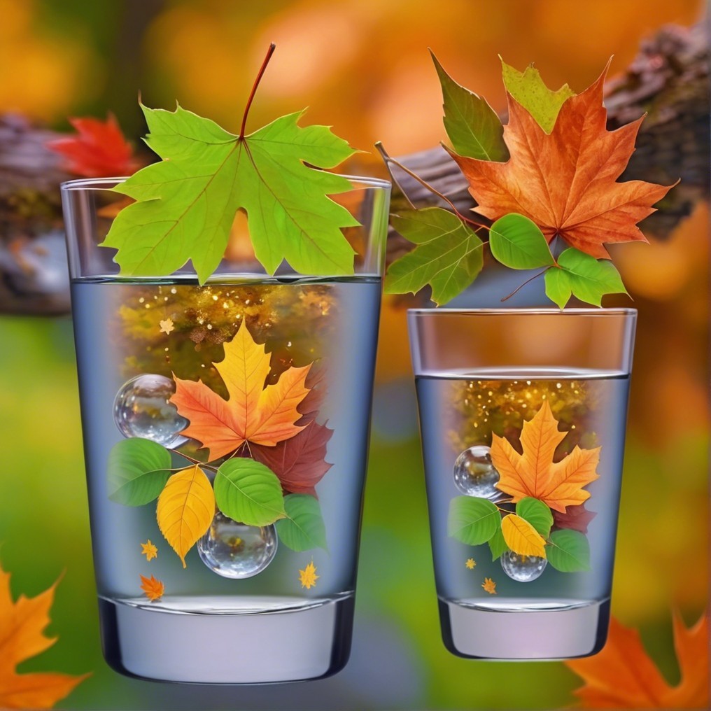 Autumn Leaves in Glasses with Water and Bubbles
