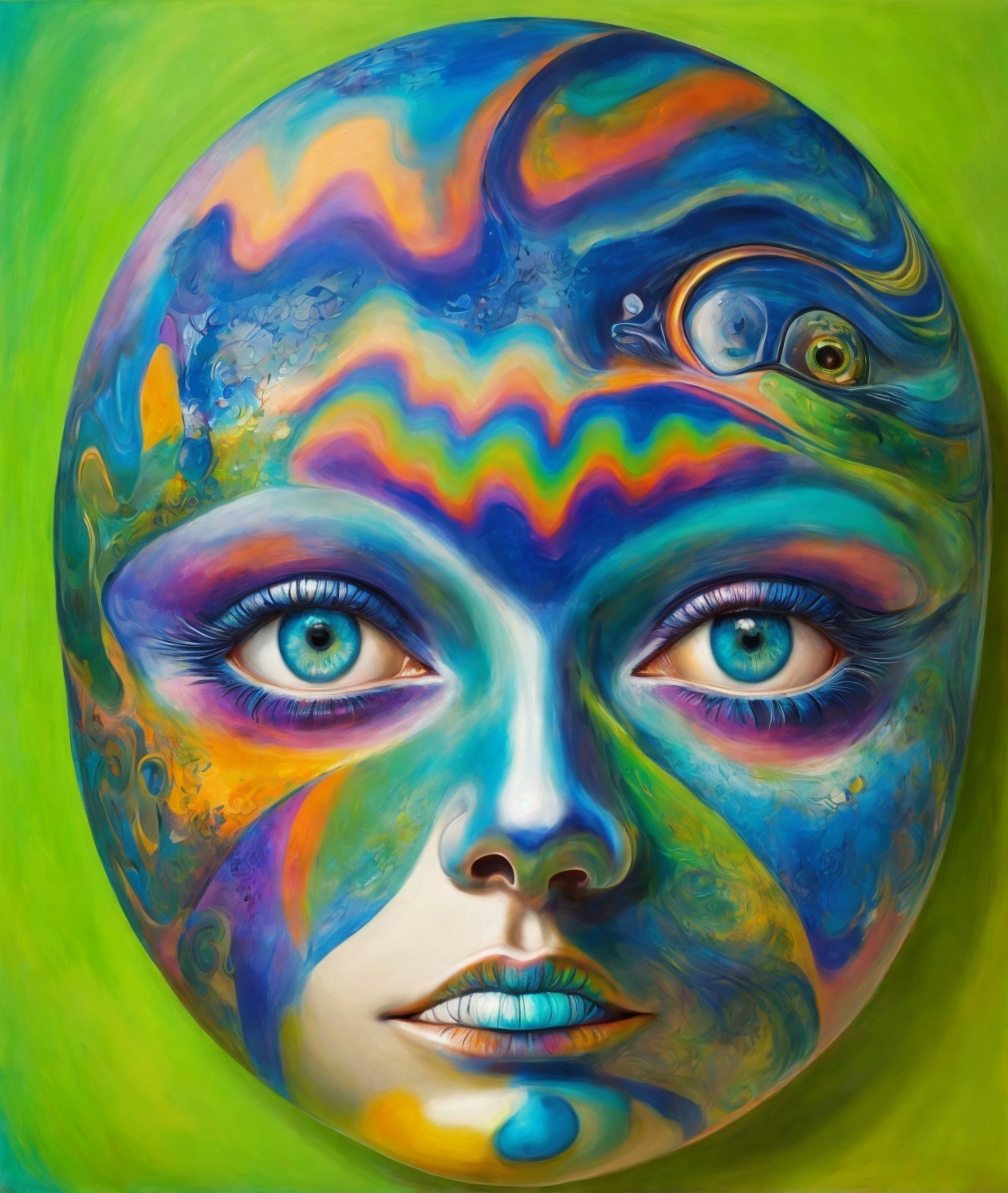 Surreal Portrait with Colorful Patterns and Celestial Element