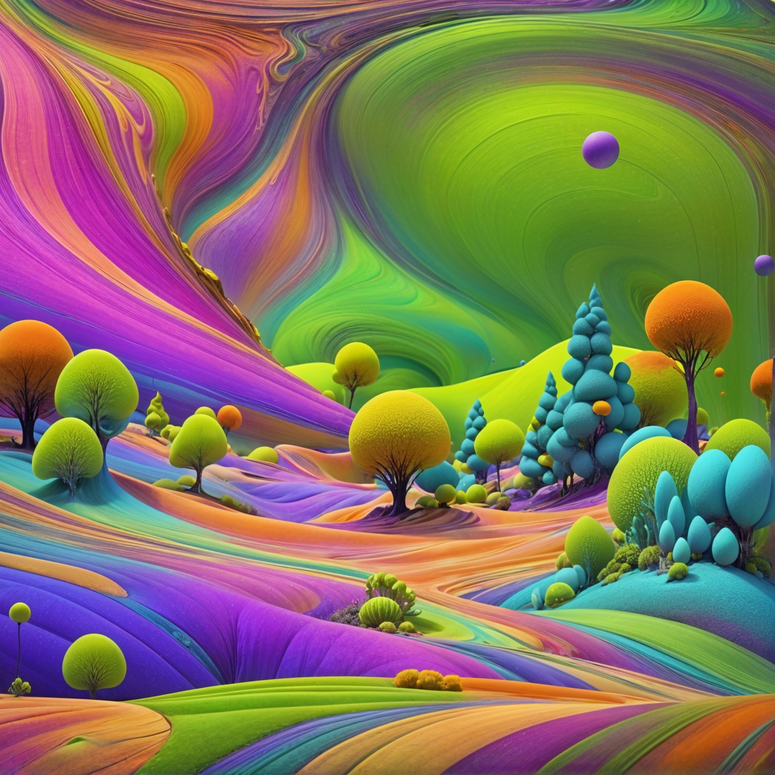 Surreal Landscape with Vibrant Colors and Playful Trees