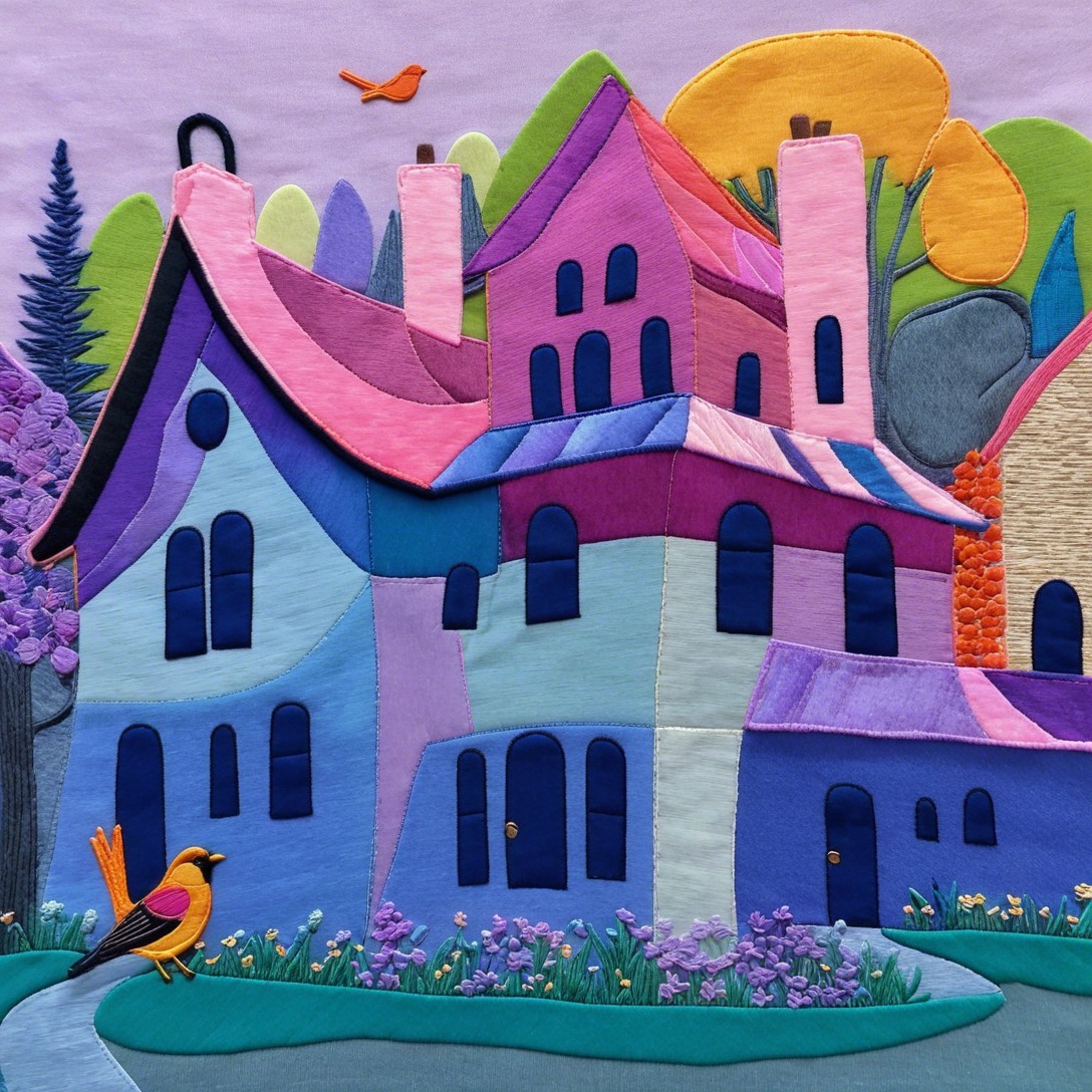 Vibrant textile artwork of whimsical houses and nature