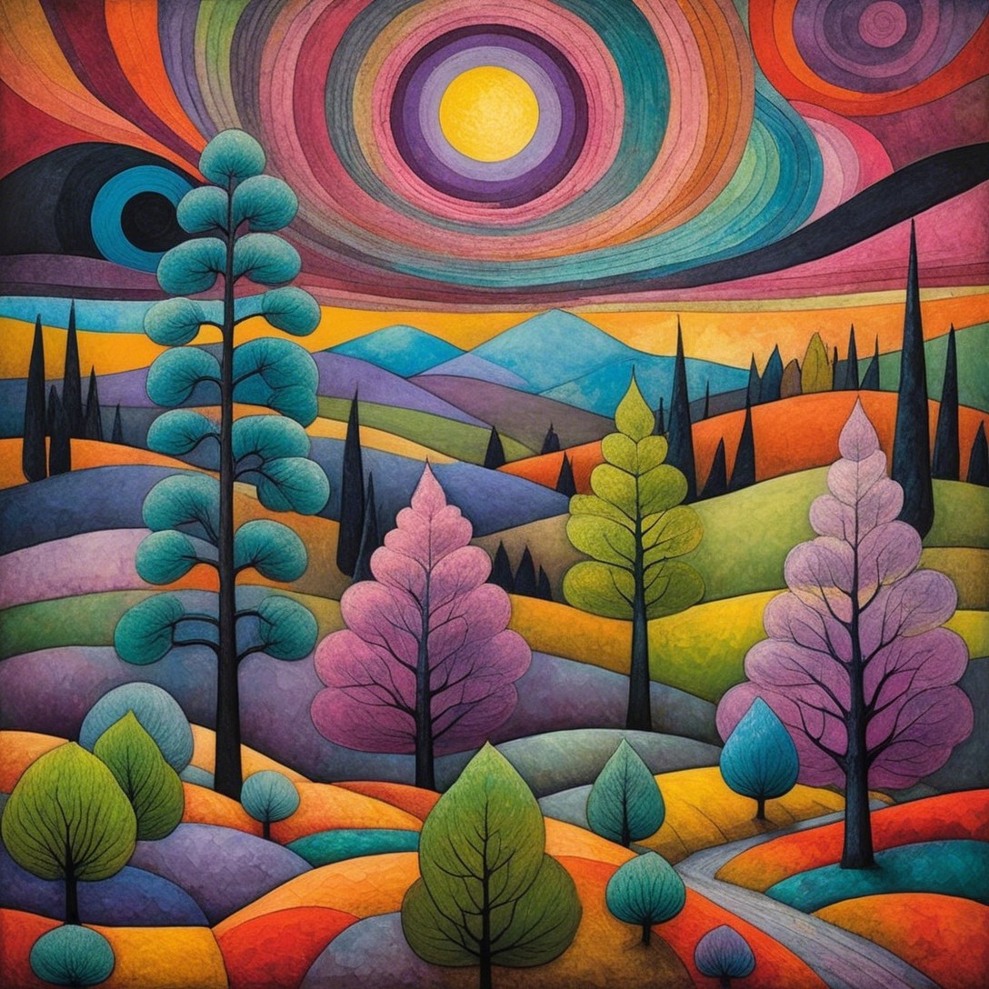 Surreal Sunset Landscape with Vibrant Colors and Trees