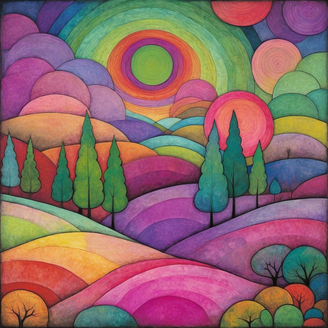 Vibrant Landscape with Colorful Hills and Trees