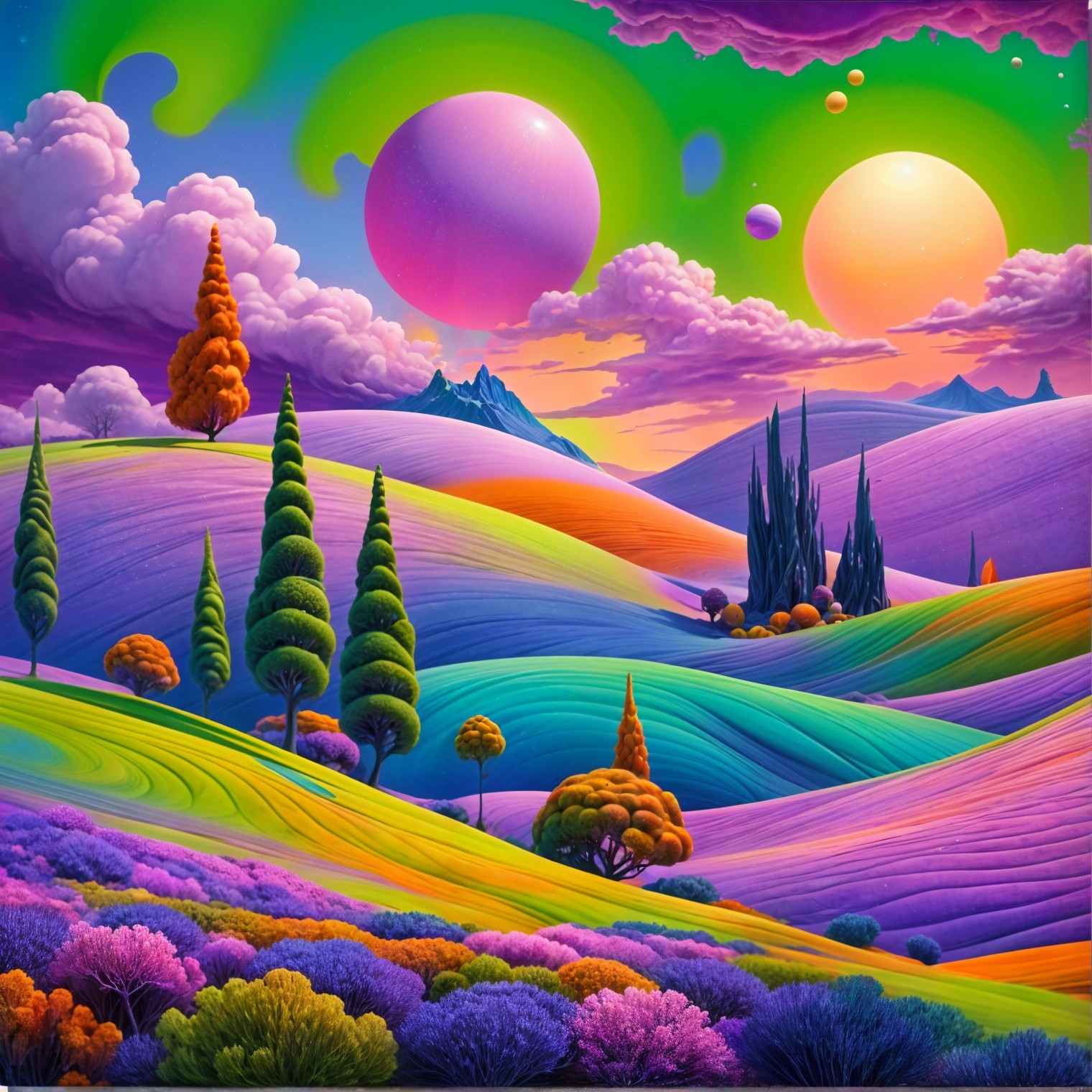 Surreal Landscape with Colorful Hills and Celestial Bodies