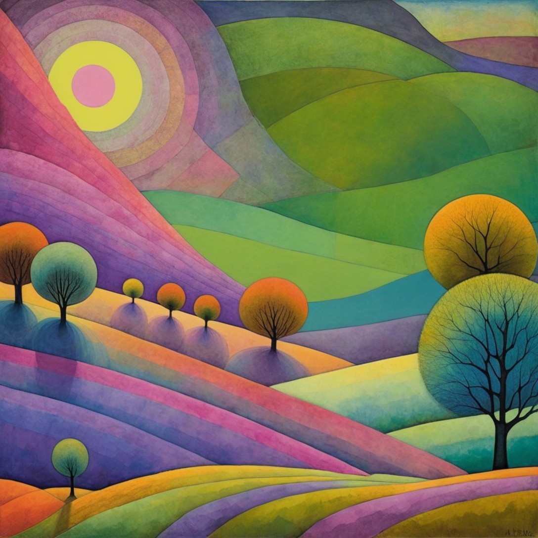Vibrant Landscape Painting of Rolling Hills and Sun