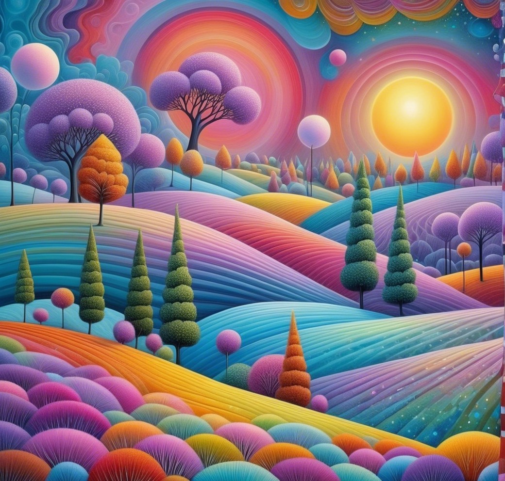 Surreal Landscape with Colorful Hills and Celestial Bodies
