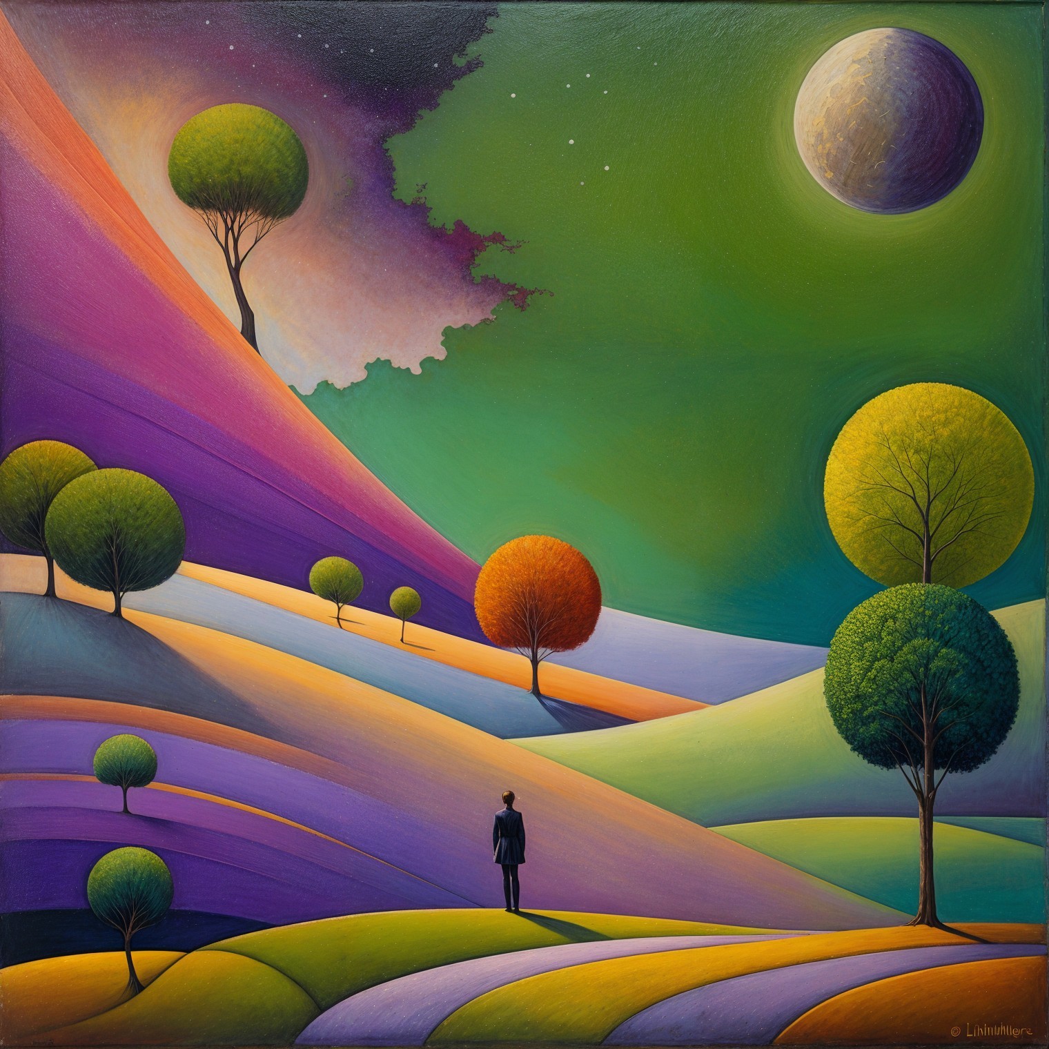 Surreal Landscape with Colorful Hills and Starry Sky