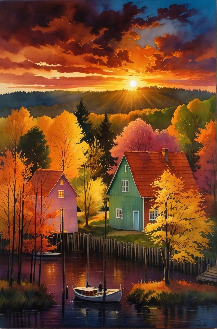 Serene Autumn Landscape with Charming Houses and River