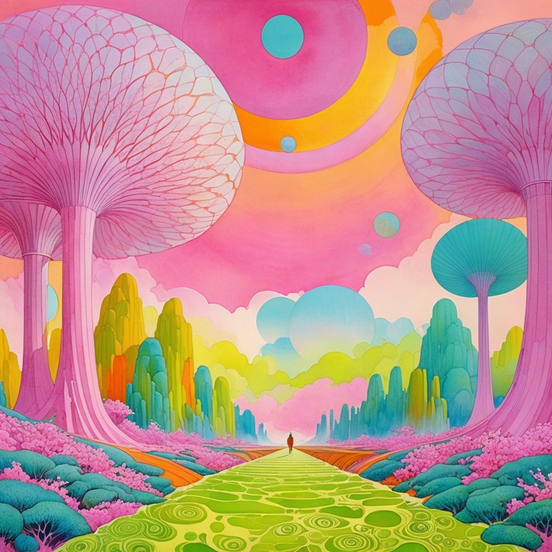 Surreal Landscape with Pastel Mushroom Trees and Path
