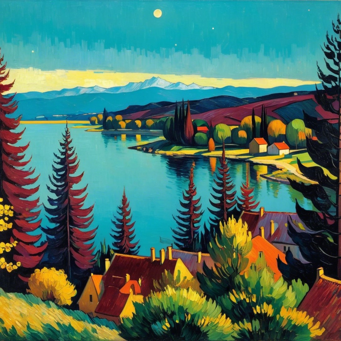 Vibrant Landscape with Serene Lake and Colorful Homes