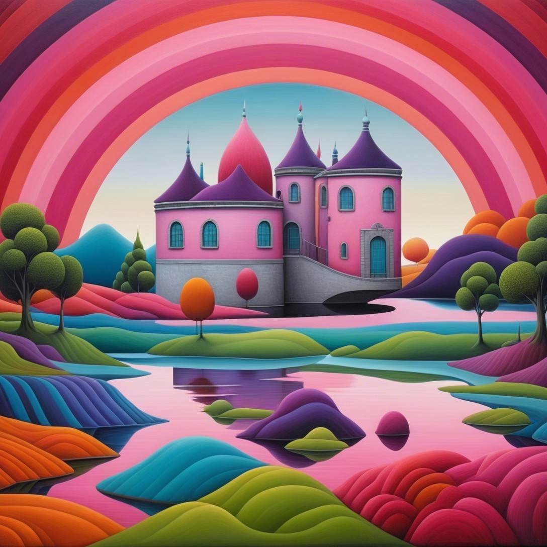 Vibrant Landscape with Whimsical Castle and Rainbow