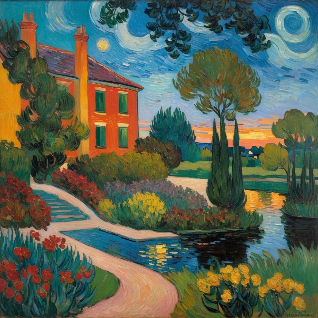 Post-Impressionist Landscape with Red House and Pond