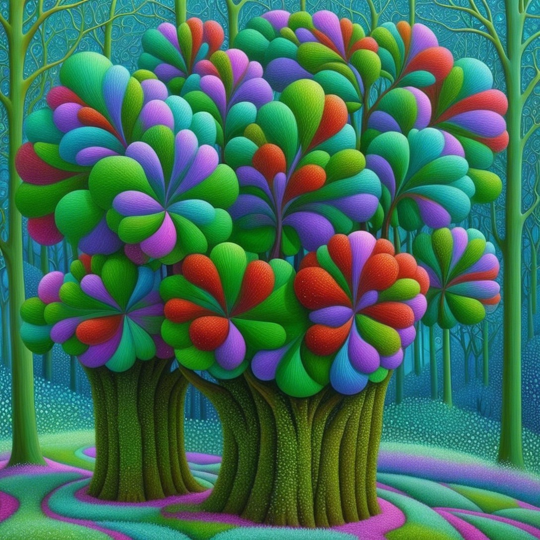 Vibrant Stylized Forest Scene with Whimsical Trees