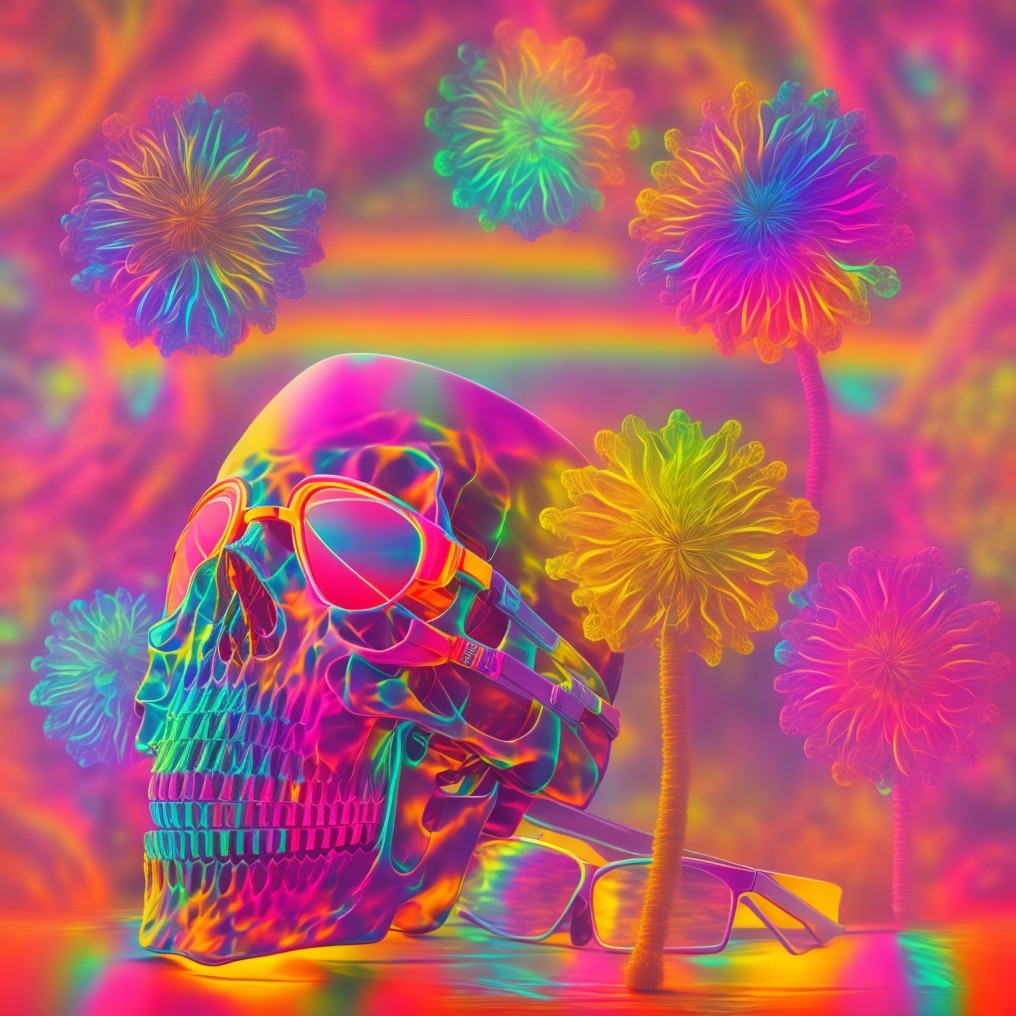 Psychedelic Scene with Colorful Skull and Flowers