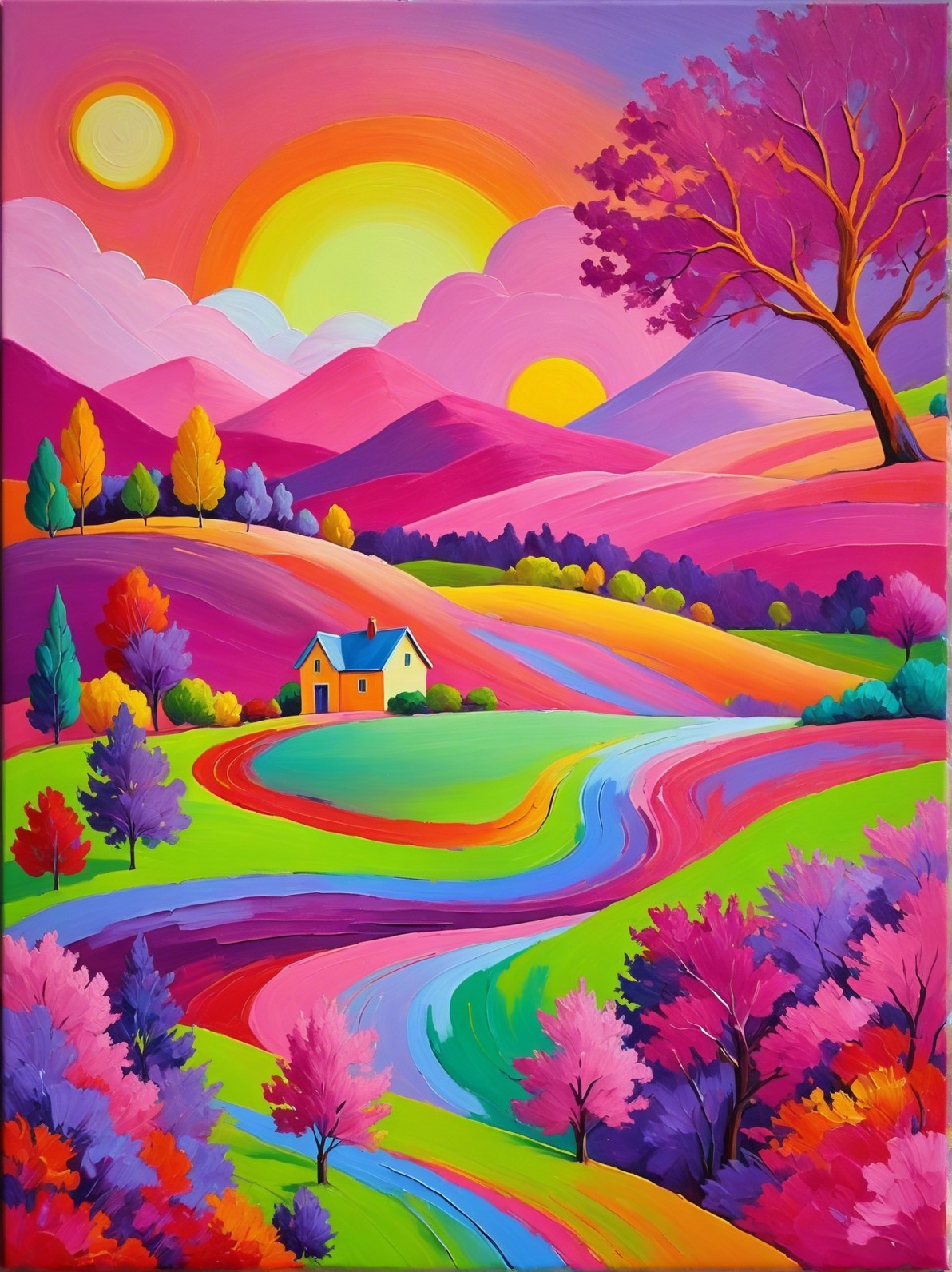 Vibrant Abstract Landscape with Cozy Yellow House