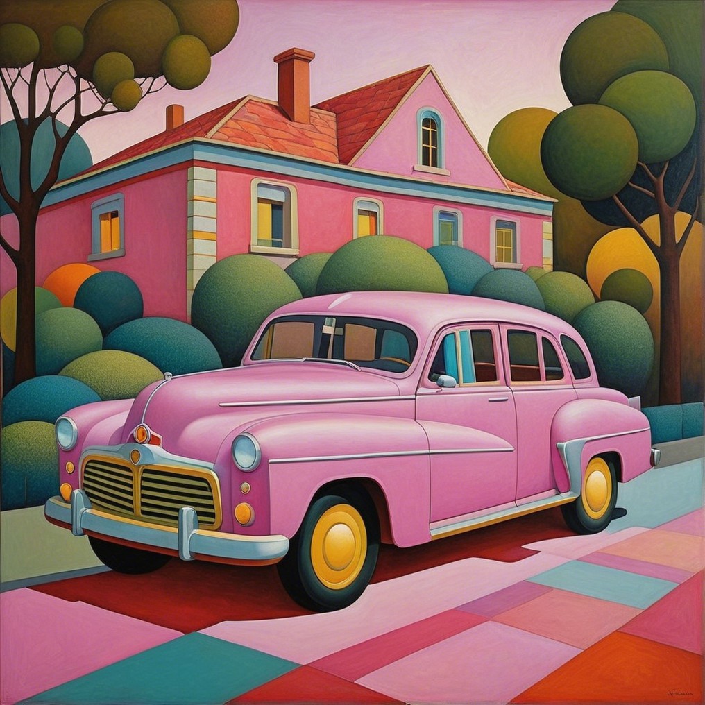 Vibrant Scene of Pink Car and House with Greenery