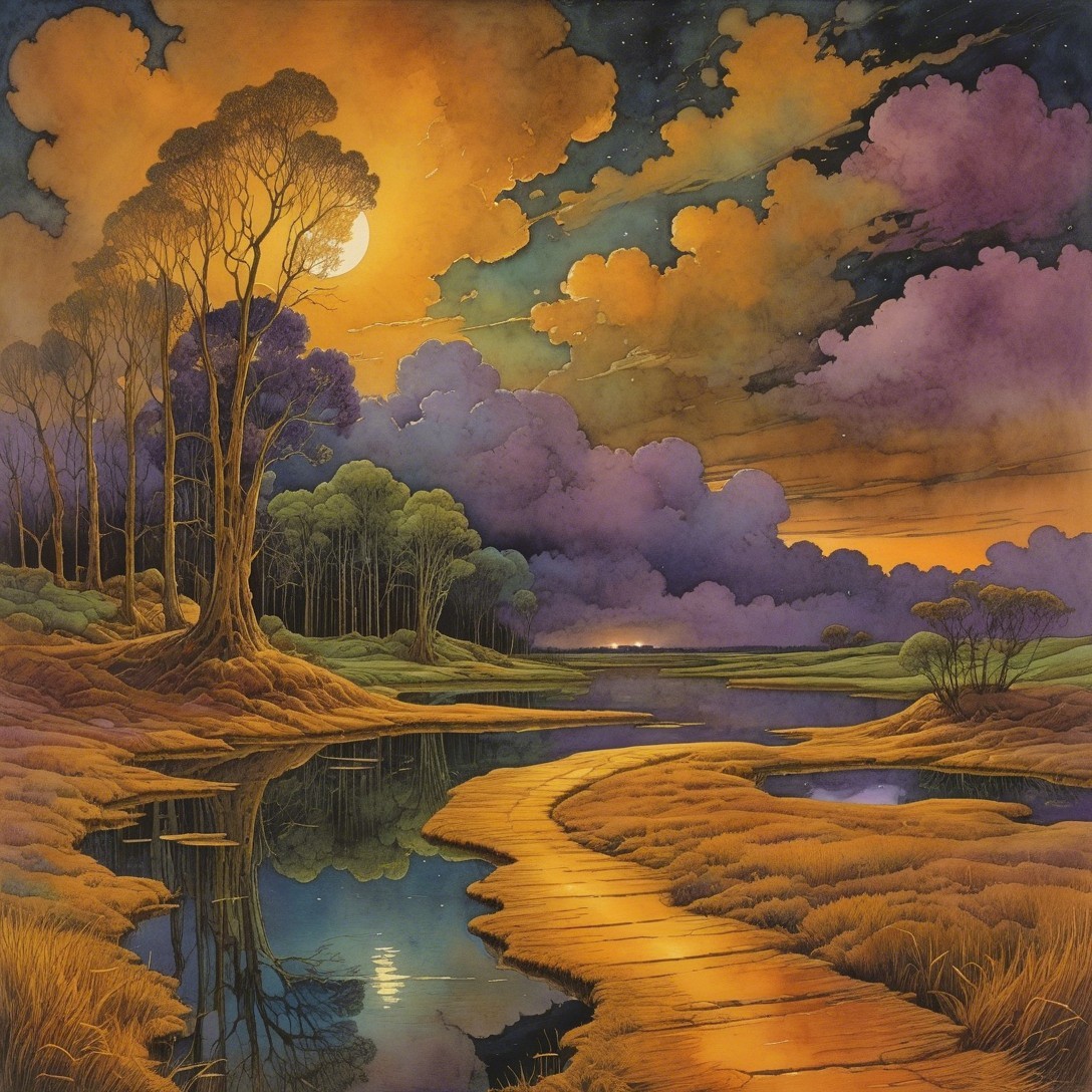 Serene Dusk Landscape with River and Vibrant Clouds