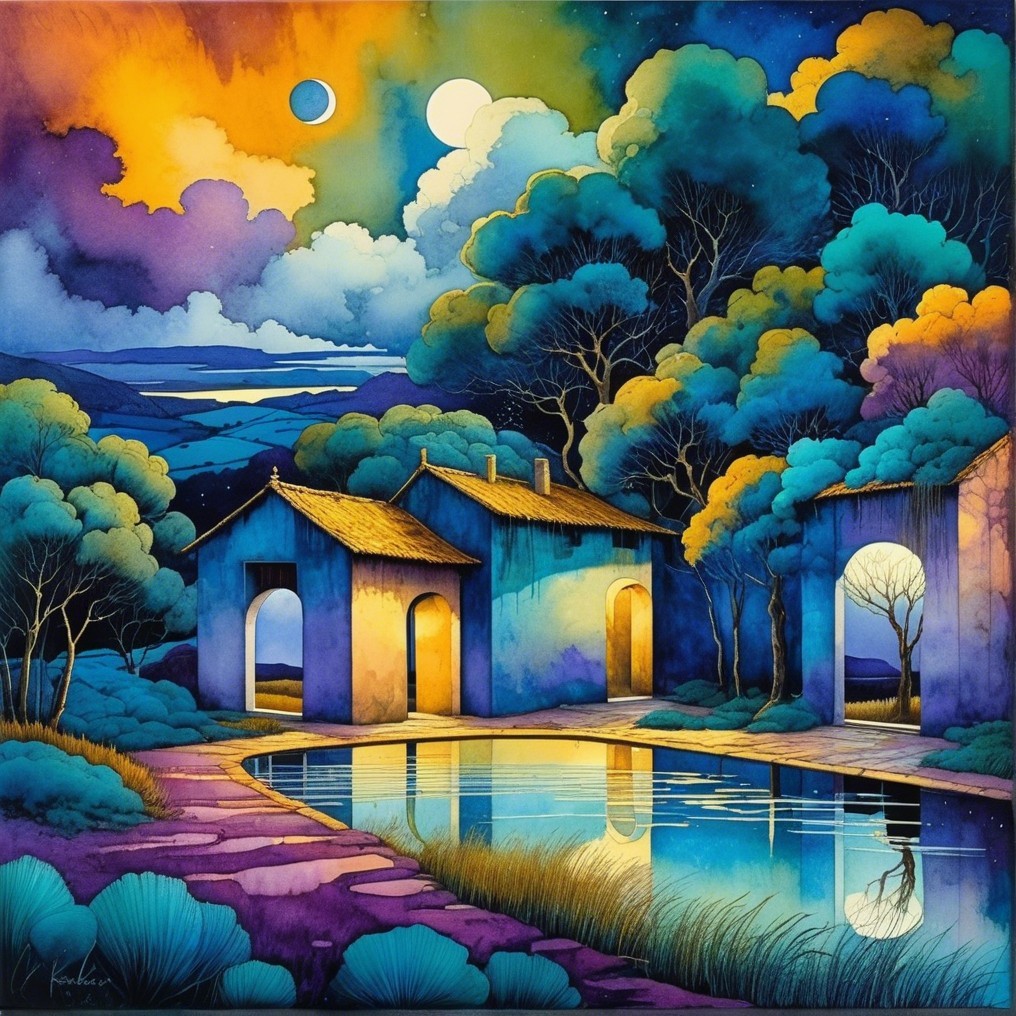 Serene Dusk Landscape with Houses and Reflective Pond