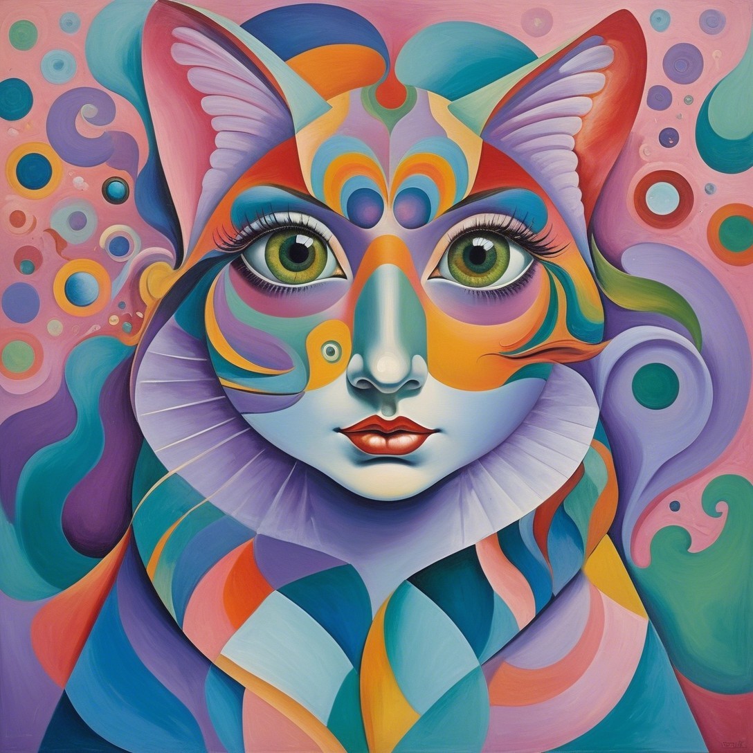 Colorful Abstract Portrait of Human and Feline Elements