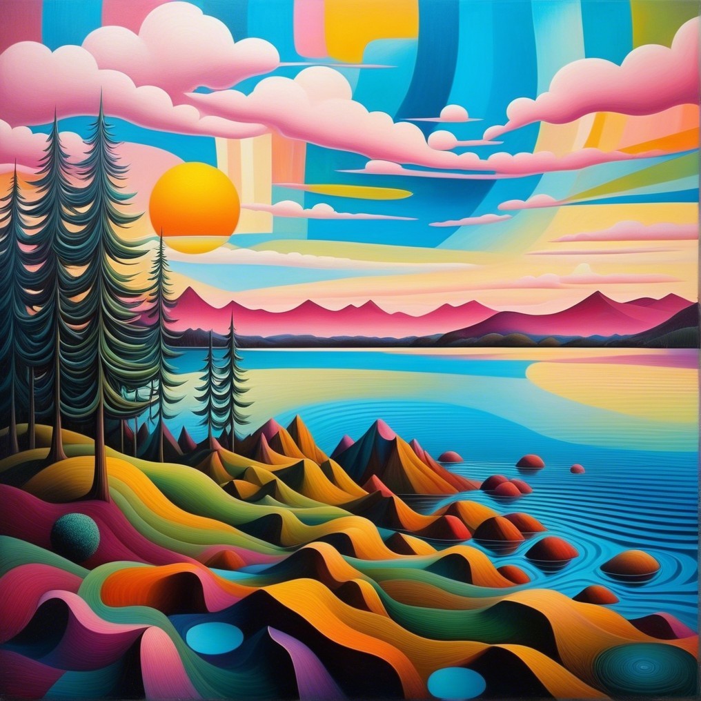 Vibrant Landscape with Surreal Lake and Mountains