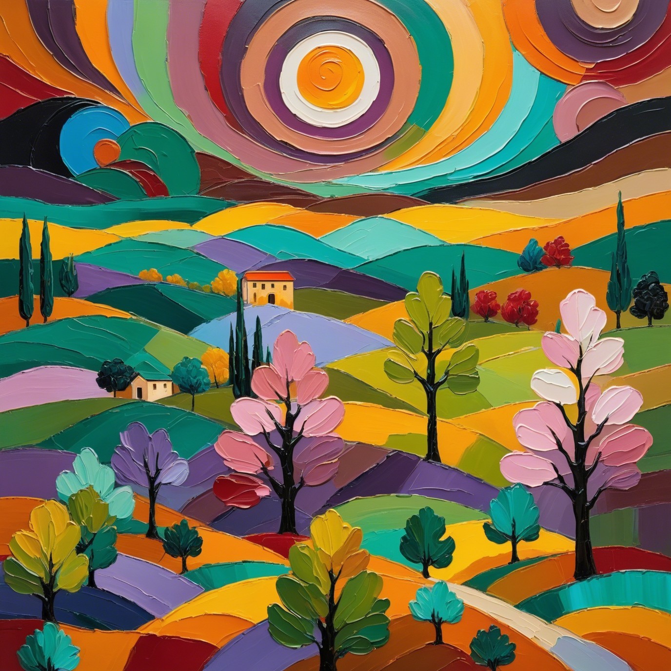 Abstract Oil Painting of Vibrant Italian Countryside