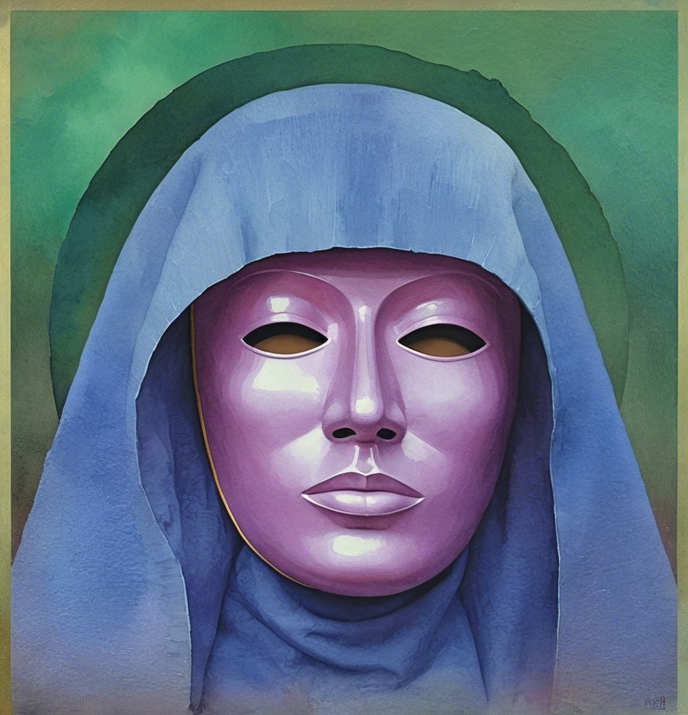 Stylized Humanoid Figure with Purple Face and Blue Hood