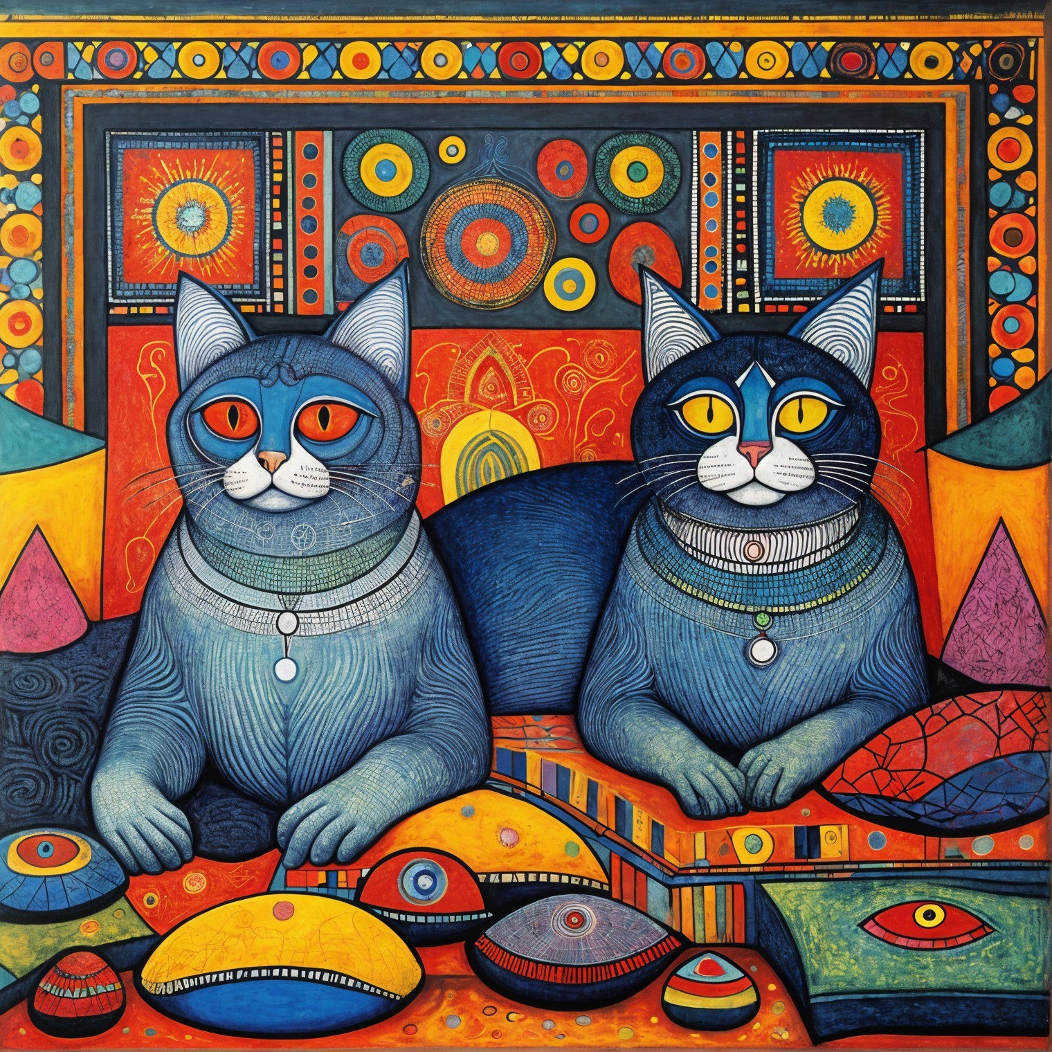Stylized Cats with Expressive Eyes in Vibrant Art
