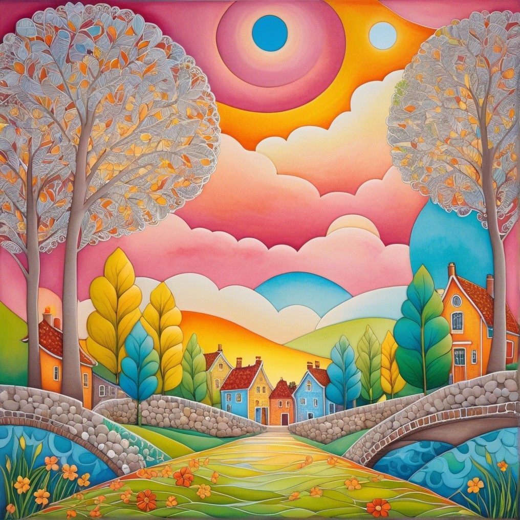Vibrant landscape with a winding river and colorful sky