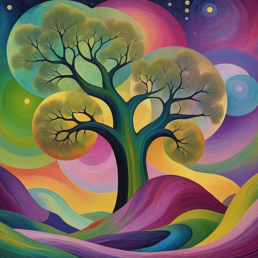 Whimsical Landscape with Colorful Tree and Patterns