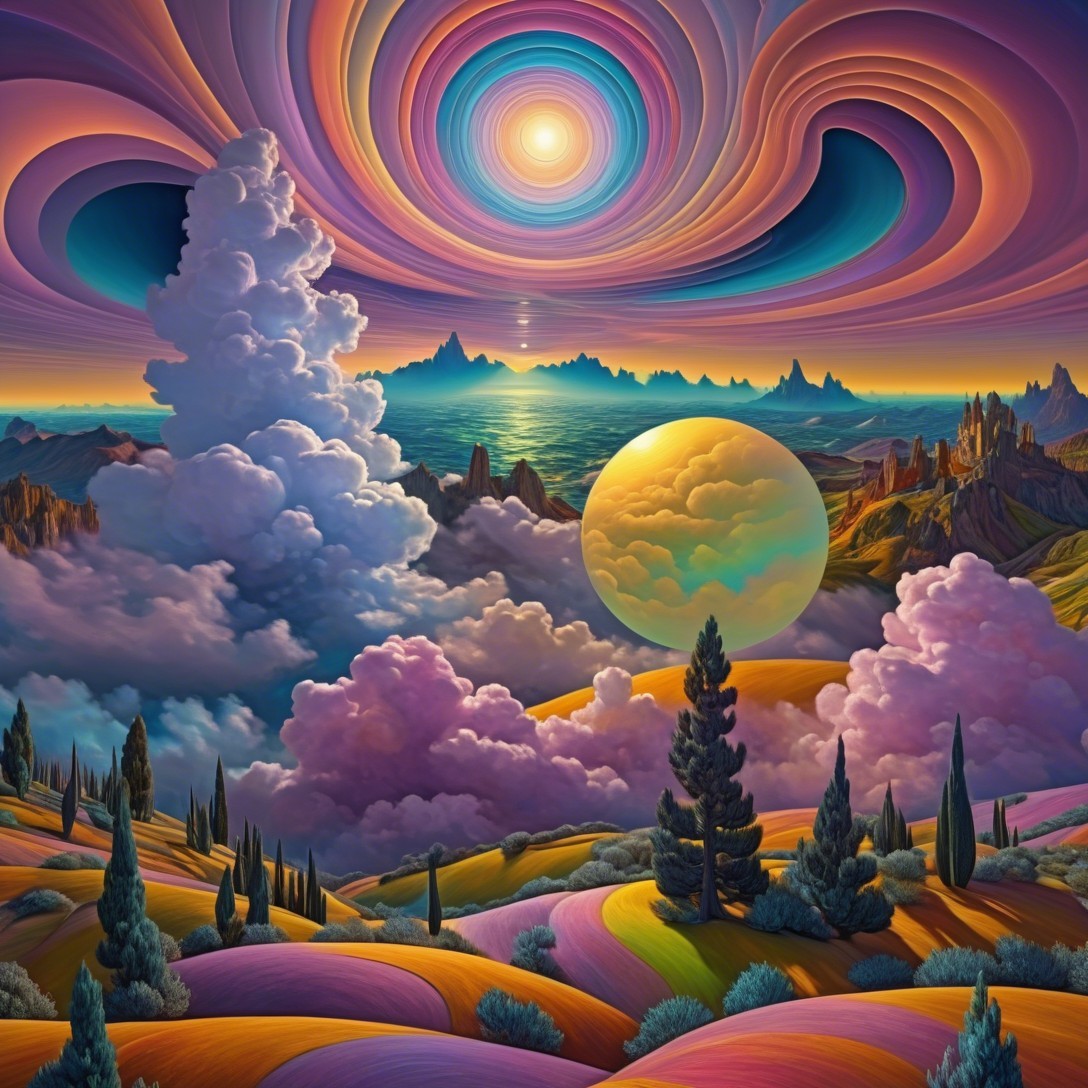 Surreal Landscape with Vibrant Colors and Mystical Elements