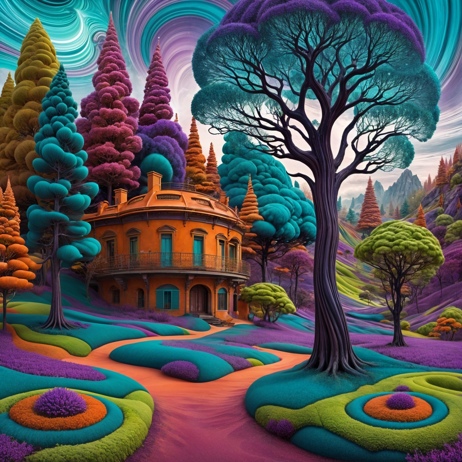Surreal Landscape with Colorful Home and Trees