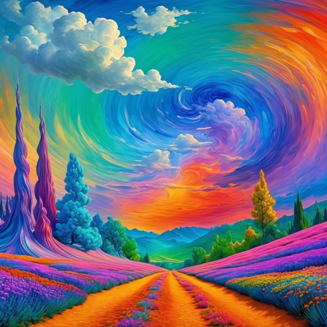 Vibrant Landscape with Colorful Lavender Fields and Mountains