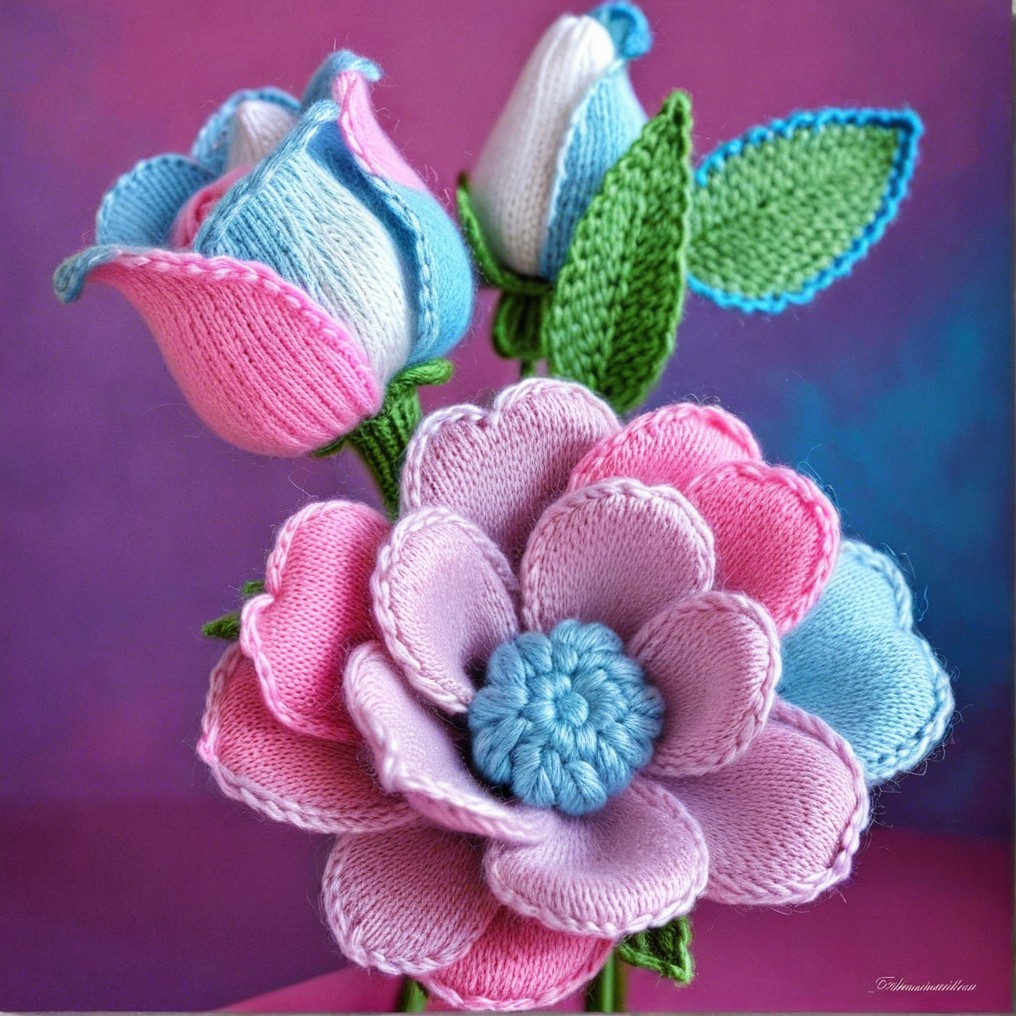 Knitted Flower Bouquet in Pastel Colors and Textures