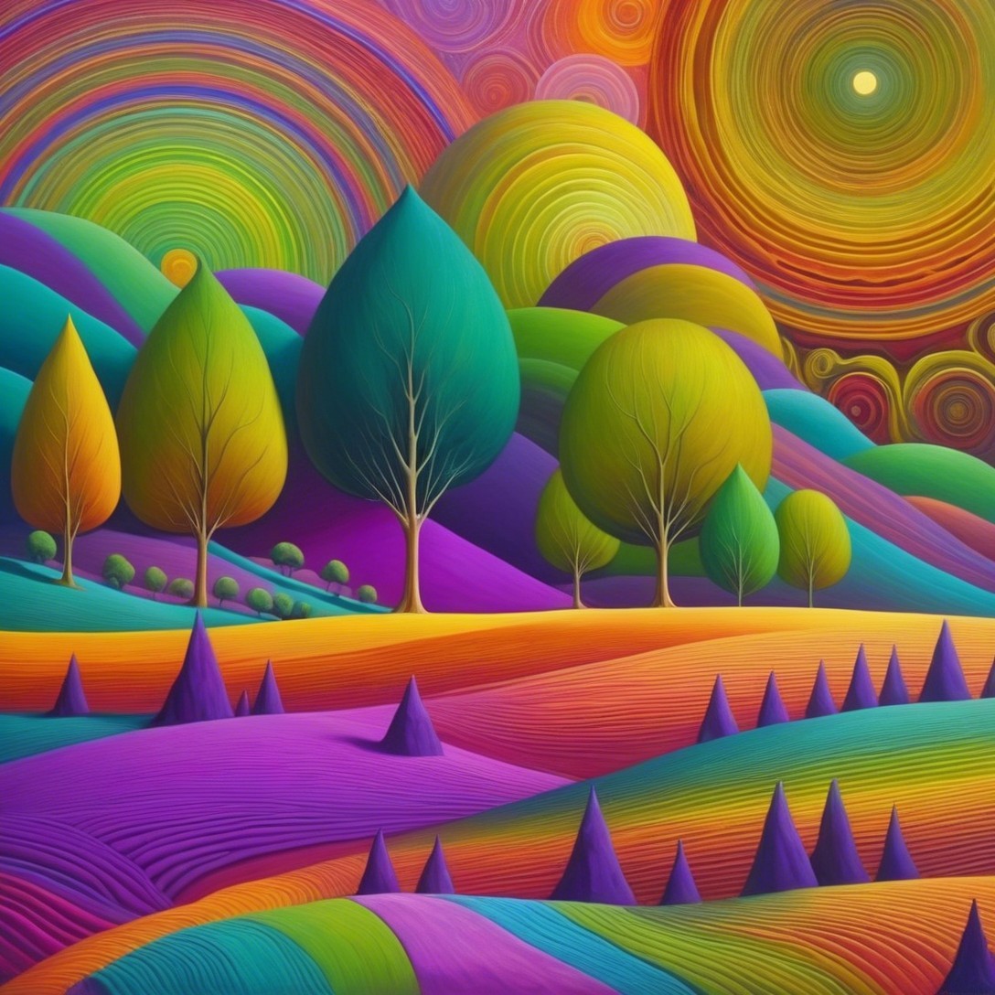 Vibrant Abstract Landscape with Colorful Trees and Sky
