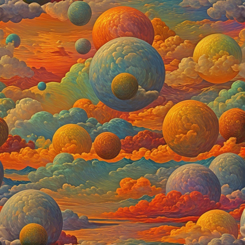 Surreal Landscape with Colorful Floating Planets