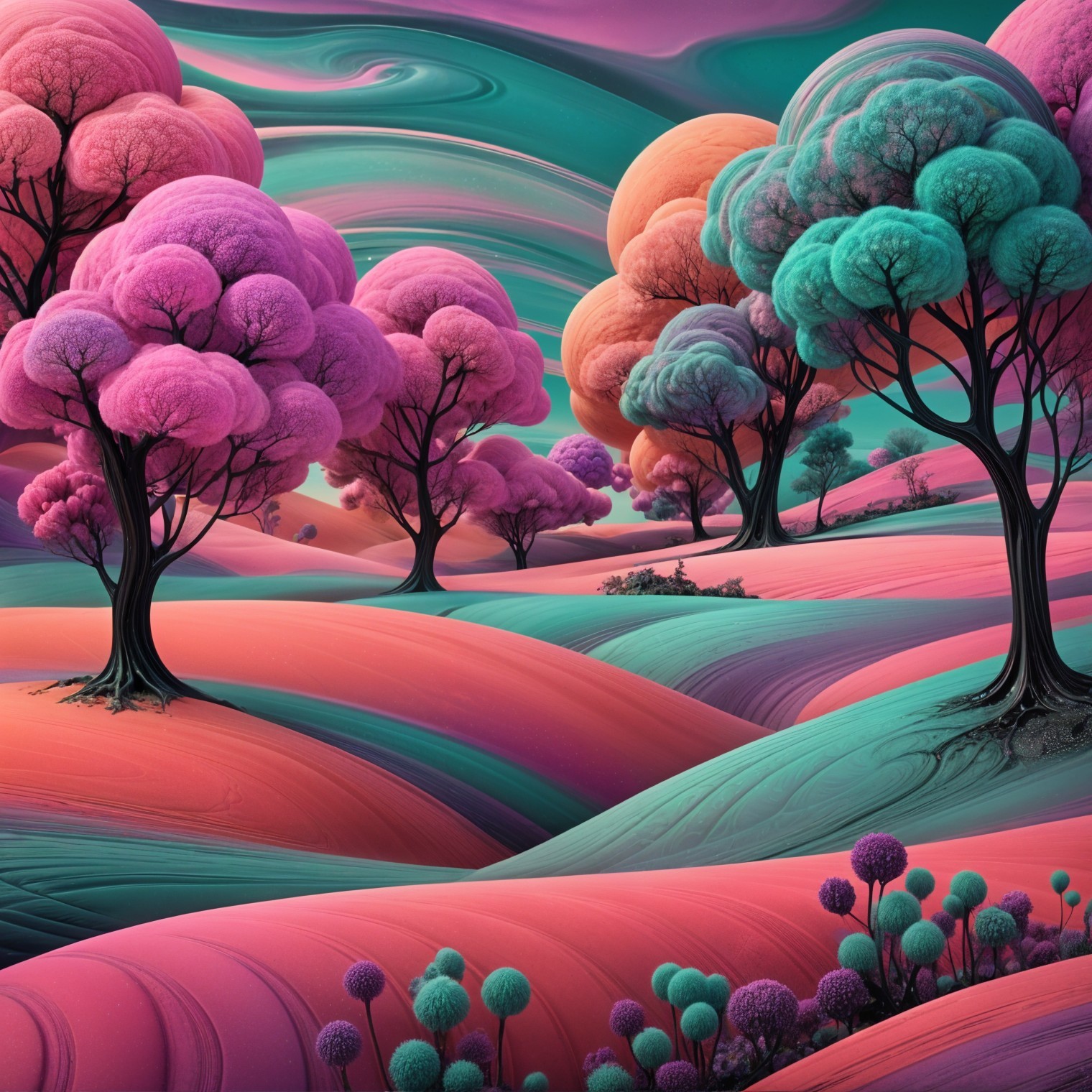 Surreal Landscape with Colorful Trees and Hills
