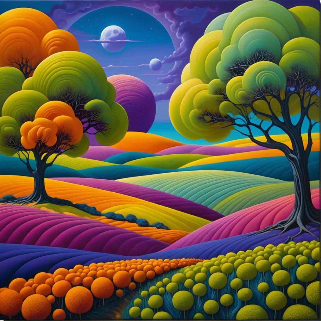 Surreal Landscape with Colorful Hills and Planets