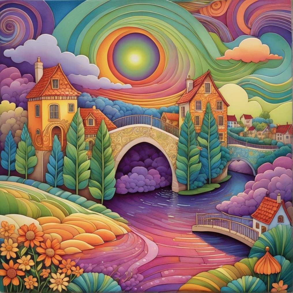 Vibrant Whimsical Landscape with Colorful Sky