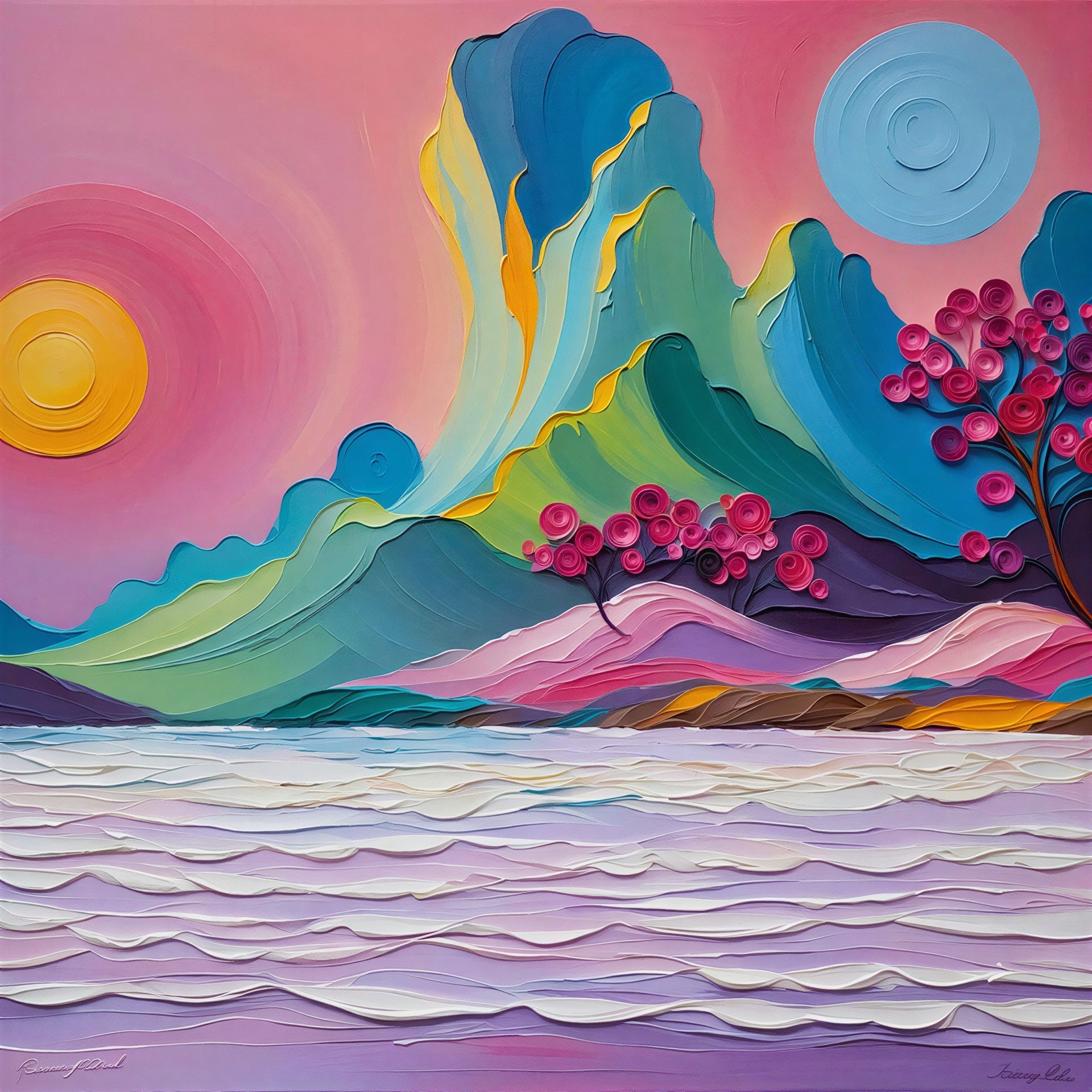 Colorful Mountain Landscape with Textured Water and Sky