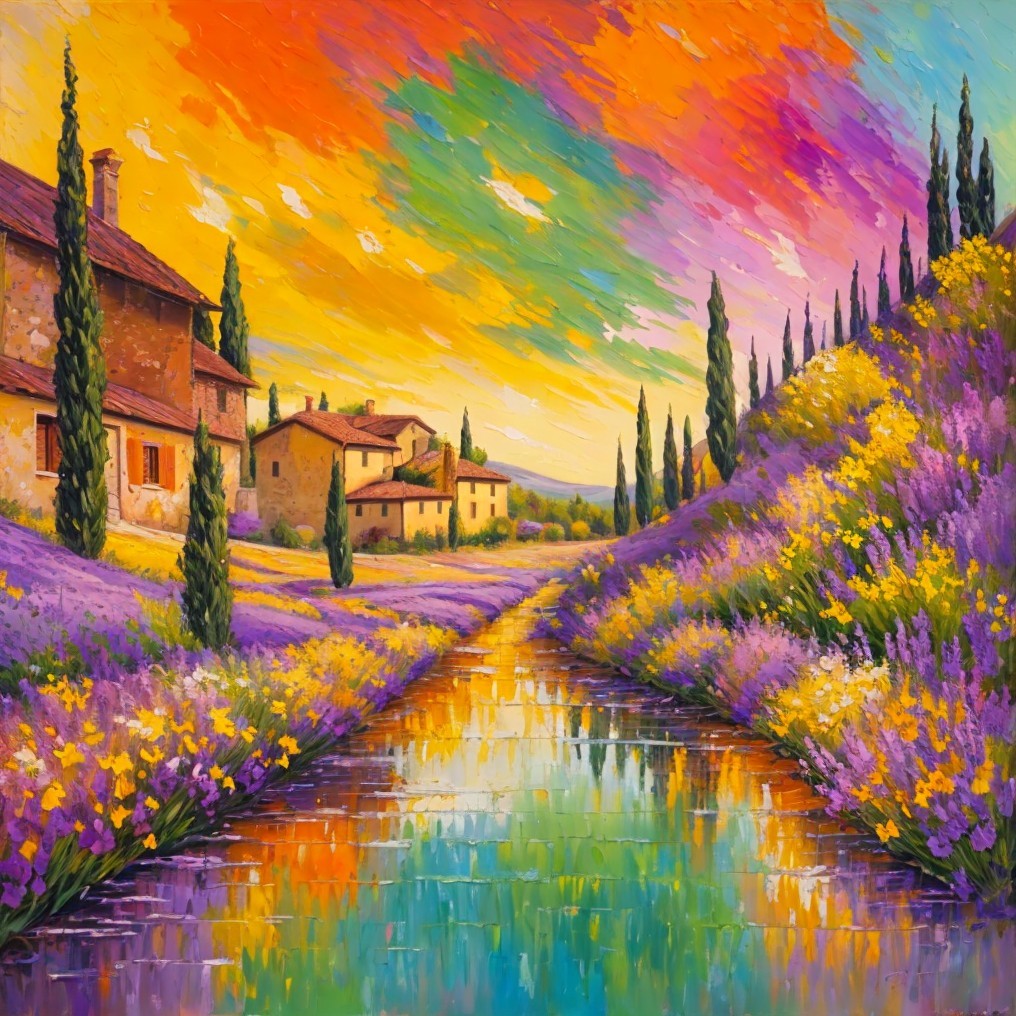 Vibrant Landscape with River and Sunset Colors