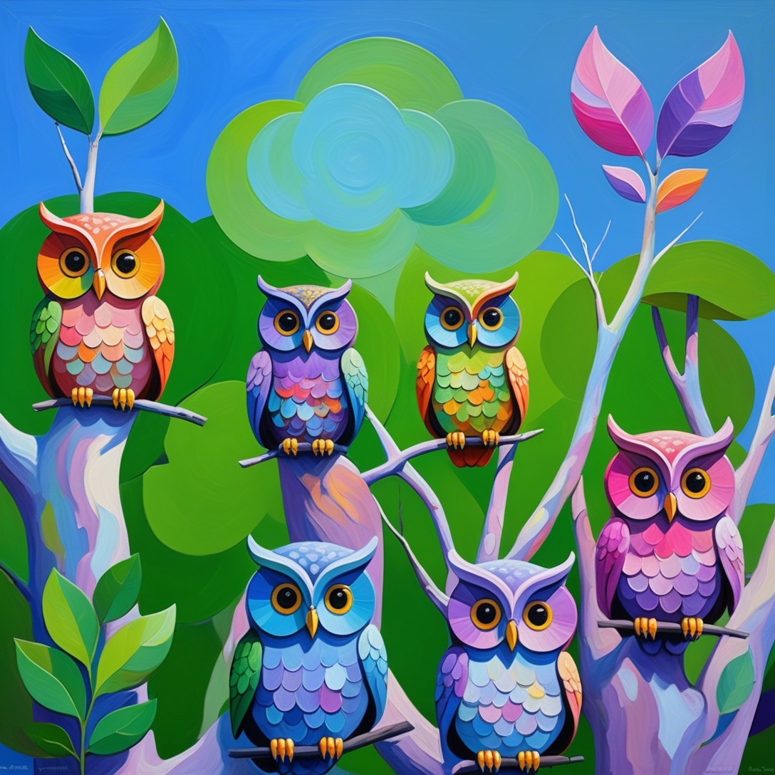 Colorful Artwork of Six Stylized Owls on Branches