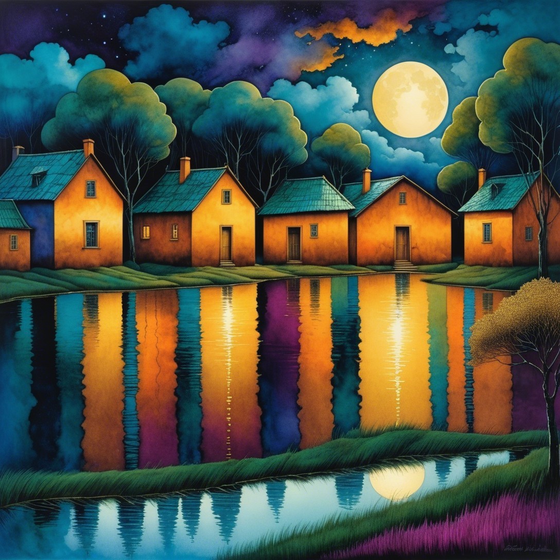 Vibrant Houses by Reflective Lake Under Night Sky