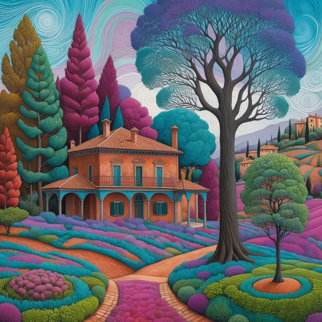 Vibrant Landscape with Charming House and Colorful Trees