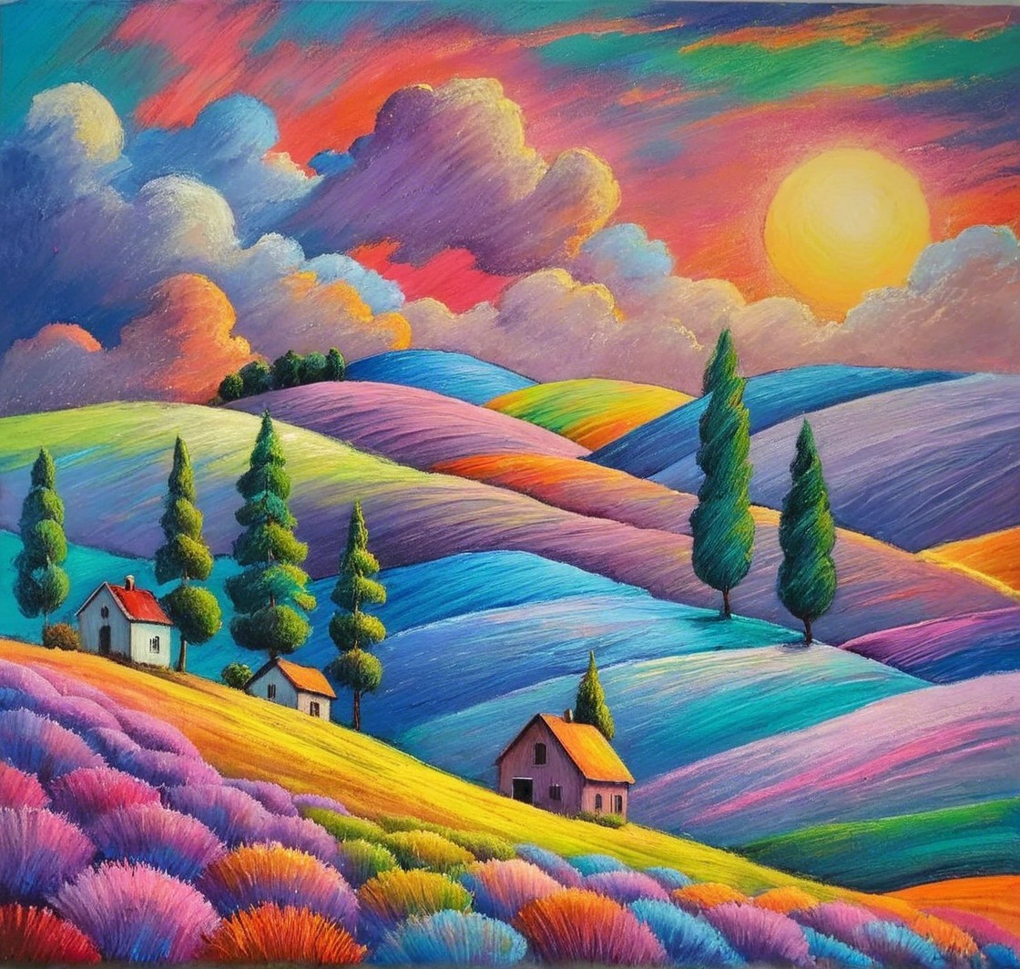 Vibrant Landscape with Rolling Hills and Colorful Sunset