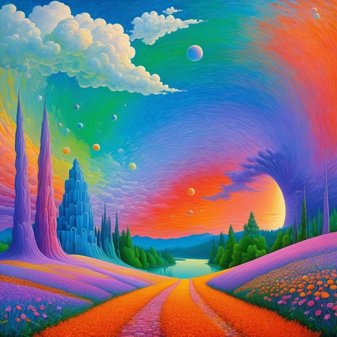 Vibrant Colorful Landscape with Serene Lake and Skies