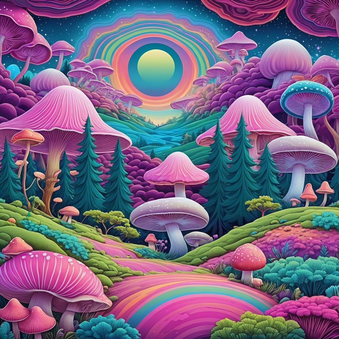Surreal Landscape with Colorful Mushrooms and Celestial Orb